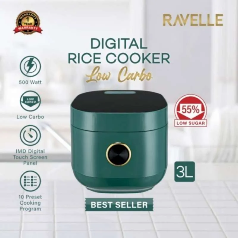 Ravelle Digital Rice Cooker Low Carbo 3L (1.2L Nasi) Rendah Gula - Jade Green